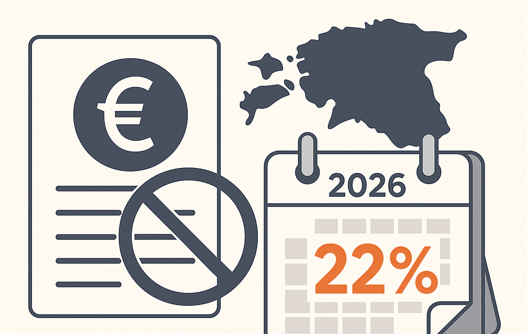 Иллюстрация отмены налогового горба в Эстонии: карта страны, документ с символом евро и календарь 2026 года со ставкой 22%