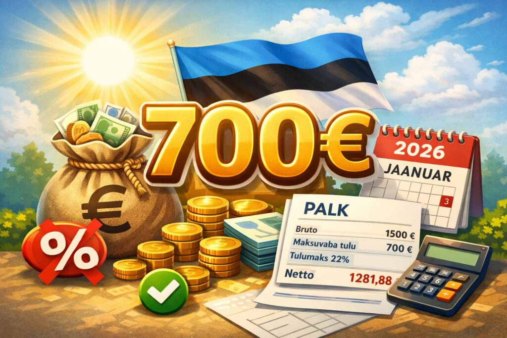 Иллюстрация: необлагаемый минимум 700 € в Эстонии в 2026 году — флаг Эстонии, расчётная ведомость и калькулятор