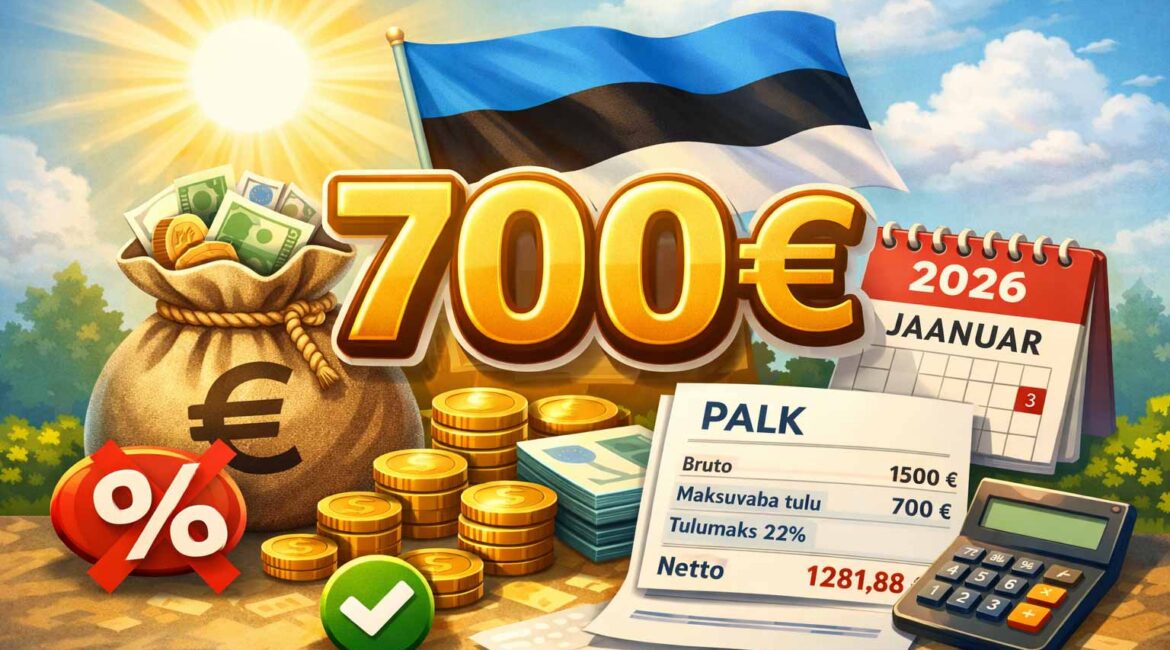 Illustration: a €700 tax-free allowance in Estonia in 2026 — the Estonian flag, a payslip, and a calculator